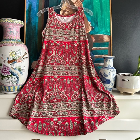 Paisley Red Sleeveless Dress w Pockets - Picture 6 of 15